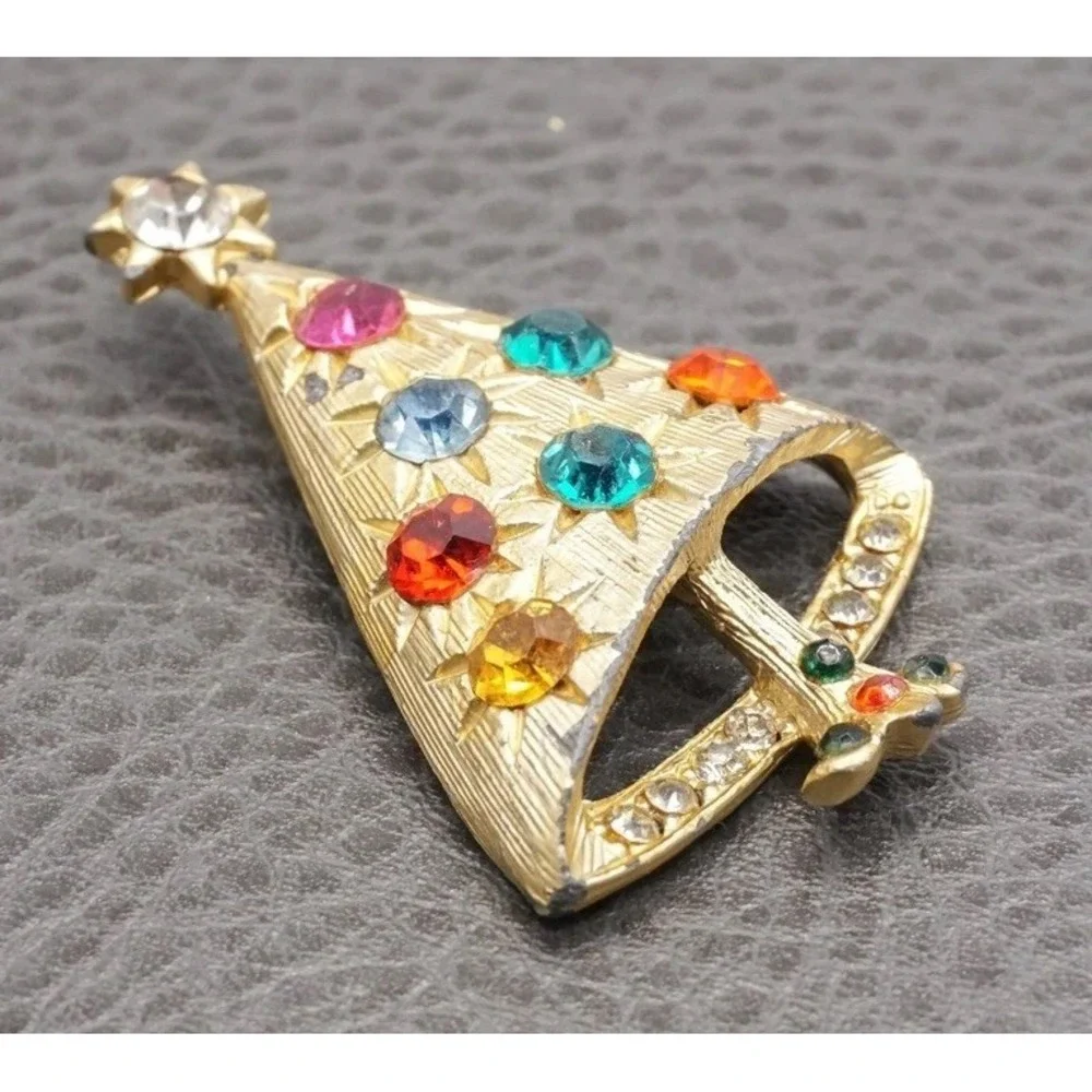 Vintage Christmas Tree Brooch MCM Modernist Multicolor Rhinestone Gold Tone